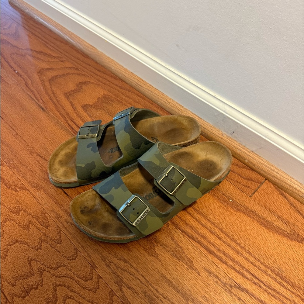 Birkenstock Women’s Camo Double Buckle Slides in Green and Brown